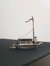 Antico Olandese Export Argento Miniatura Gondola Barca Vetro Windows Schoonhoven