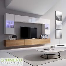 Parete attrezzata sospesa mobile TV salotto bianco lucido rovere 300x180cm MONS