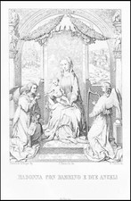 Incisione XIX sec. Madonna Gesù Bambino Angeli Musicisti