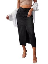 Gonna jeans donna elasticizzata vita alta orlo sfilacciato linea A denim midiroc5376