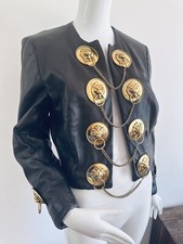 Moschino Jacket Vintage 1989 Gold Chain Lion's Head Black Lamb Leather Size 42 S