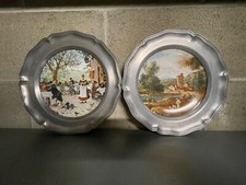 Coppia piatti in ceramica con bordo in peltro anni 70