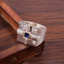 Anello In Argento Sterling 925 Con Gemma Di Zaffiro Blu Riscaldata Per Uomo #89