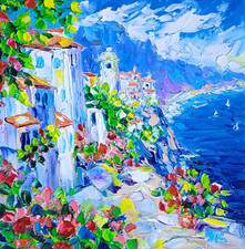 Dipinto olio paesaggio urbano Amalfi arte da parete costa Italia tela 8x8 pollici