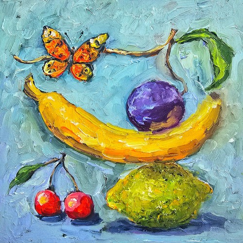 Frutta farfalla quadro olio - frutta, e