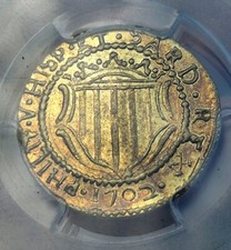 Escudo de Felipe V Cagliari 1702. Encapsulada por PCGS como AU58. Oro.Gold coin