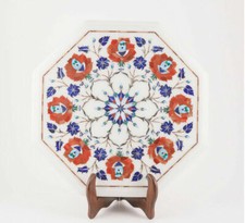 Tavolo Angolare In Marmo 12" Con Piano In Pietre Semipreziose Lavorato A Mano