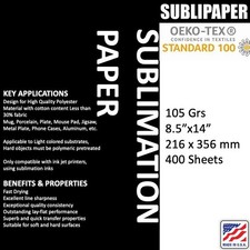 SUBLIPAPER 400 Sh 8,5”x14” Tazza Carta Trasferimento Calore Colorante Sublimazione, Poli-Cotone