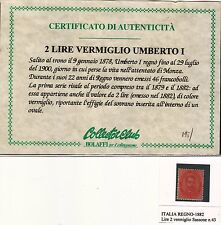 C08 - REGNO 1878** - UMBERTO I - il n.43 -2 LIRE VERMIGLIO - CERTIFICATO BOLAFFI
