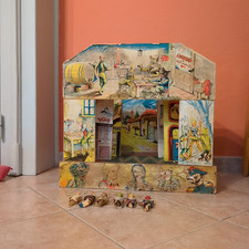 Antico Teatrino in legno con marionette in gesso - integro - Giocattoli d'epoca