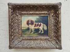 ANTICO XIX secolo QUADRO DIPINTO OLIO SU TAVOLA CANE DI RAZZA SPANIEL FIRMATO