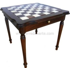 TAVOLO IN LEGNO CON SCACCHIERA IN ALABASTRO DOPPIO CASSETTO DIMM. 84 X 84 X H 76