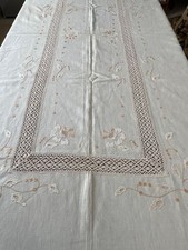 GRANDE TOVAGLIA COPRITAVOLO vintage in LINO BEIGE cm. 190 x 270 RICAMATA A MANO