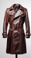 Trench coat uomo pelle marrone 100% vera pelle di agnello vintage elegante ab...