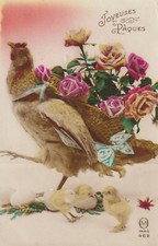 C1 - Cp Cartolina Augurale Pasqua Gallina Fiori Uova - Fp Nvg