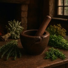 Antico Mortaio Con Pestello Legno Fine ‘800 Alpino Per Erbe Aromatiche 