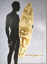Quadro surfista moderno 30x40 acrilico su tela con foglia dorata – Modern surfer