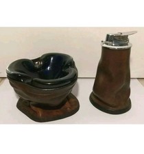 SET FUMO-ACCENDINO TAVOLO RONSON+POSACENERE VETRO MURANO/CUOIO-ANNI 60'-VINTAGE