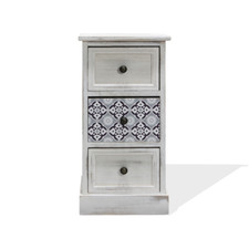 Comodino in Legno Bianco e Blu con 3 Cassetti Camera da Letto Shabby Chic