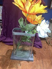 Vaso in vetro bianco retrò vintage bordo in metallo base in fibra di vetro 19 cmH