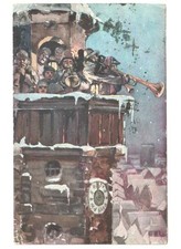 1910 capodanno antica cartolina campanile orologio musicisti paese innevato