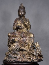 14.2" Old Antique Tibetan Buddhism Bronze Gilt Yulong Guanyin Buddha Statue