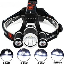 TORCIA LAMPADA FRONTALE LED RICARICABILE 3 LED 6000 LUMEN CREE T6 