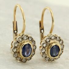 Orecchini in ORO Giallo 14 kt con ZAFFIRO Blu e DIAMANTI stile Antichi Pendenti