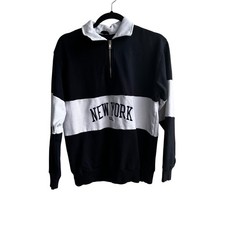 Brandy Melville New York Pullover Felpa Collo Quarto Zip Nero Bianco
