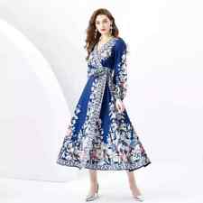 Vestito Abito Lungo Elegante Bohoo Morbido Blu Raso Fiori Cintura GIPSY 04774