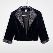 Blazer vintage Althuser nero velluto stampa leopardata colletto scintillante polsini taglia 10