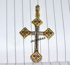 Vero Smeraldo Rubino Gemma Pavé di Diamanti 925 Argento Vittoriano Ciondolo