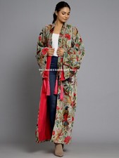 Lusso Velluto Frangia Cappotto Giacca Kimono Spolverino Uccello Stampato Lunga