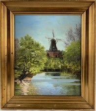 Dipinto a Olio Maggio 1895 Impressionista Paesaggio Parco Con Mulino Danimarca