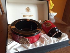 Ronson Posacenere + Accendino Vintage  Ceramica Rosso Nero Oro scatola originale