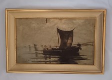 Barche in mare, dipinto olio su tela scuola europea XIX secolo