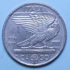 VITTORIO EMANUELE III 50 CENTESIMI 1936 XIV IMPERO RARO qSPL NICHEL COLLEZIONE