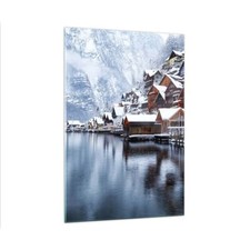 Quadro su Vetro 70x100cm Paesaggio Insediamento Di Montagna Inverno Murale