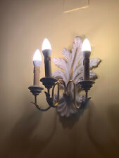 Lampadario applique 3 puti luce in ferro battuto ramato e base in legno intarsio