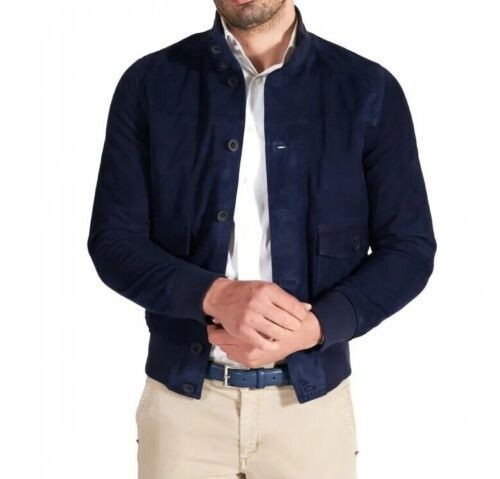 Giacca pelle blu uomo pura