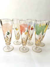 Set 6 bicchieri Flute vintage dipinti a mano fiori oro anni 50-60