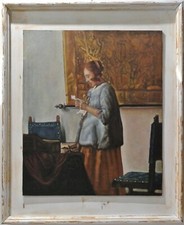 Quadro, Olio su tela, donna che legge, cornice bianca
