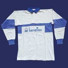 United Colors Of Benetton Rugby 90s Vintage Polo Shirt Jersey Size M White Blue