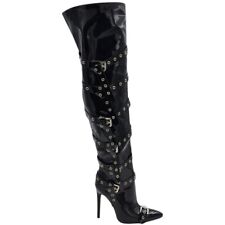 Stivale alto donna nero a punta lucido vernice effetto calzino tacco sottile 12 