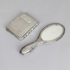 Beauty set porta cipria con specchio + porta rossetto antichi argento inizio 900