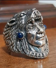 ANELLO ARGENTO 925 UOMO Bear  Orso B harley indiano Ring Chief Sterling  Lapis $