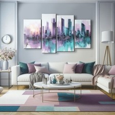 QUADRI MODERNI ASTRATTI GRATTACIELI AZZURRI LILLA DIPINTI A MANO ARREDO CASA