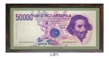 QUADRO COLLEZIONE BANCONOTE ITALIANE LIRE  50 MILA PANNELLO ARREDO PARETI