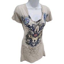 Brad Butter T Shirt Top Scollo V Grafica Angelo Ali Fronte Retro Donna Tg M 