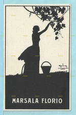 cartolina pubblicitaria MARSALA FLORIO con donna che raccoglie uva firmata Golia